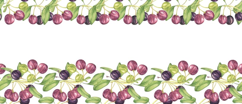 Seamless border of maqui berry and leaves in purple and green. Hand drawn watercolor illustration of Chilean wineberry cherry plant, Aristotelia chilensis for printing, food supplement, apparel, cards