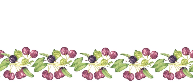 Seamless border of maqui berry and leaves in purple and green. Hand drawn watercolor illustration of Chilean wineberry cherry plant, Aristotelia chilensis for printing, food supplement, apparel, cards