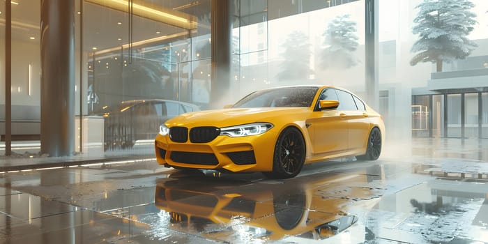 A yellow BMW M3 gleams in the rain, parked in front of a building. Its waterdrenched tires, shining wheels, and sleek automotive design make it a standout vehicle