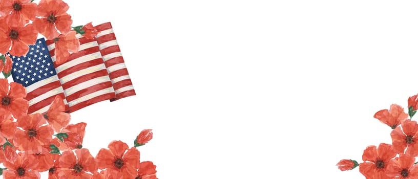 Memorial Day banner. US flag, red poppy flower, we are closed template. Hand drawn watercolor home of the brave card, remember and honor banner, web announcement, commemorative event, flyer, sale