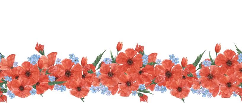 Red poppies and forget-me-nots seamless border. Poppy day flower banner. Hand drawn watercolor illustration for card, banners, commemorative events, US memorial day, Anzac day, flyers, banners, sale