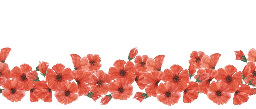 Red poppies seamless border. Poppy day flower compositions. Hand drawn watercolor illustration for card design, web banners, commemorative events, US memorial day, Anzac day, flyers, banners, sale