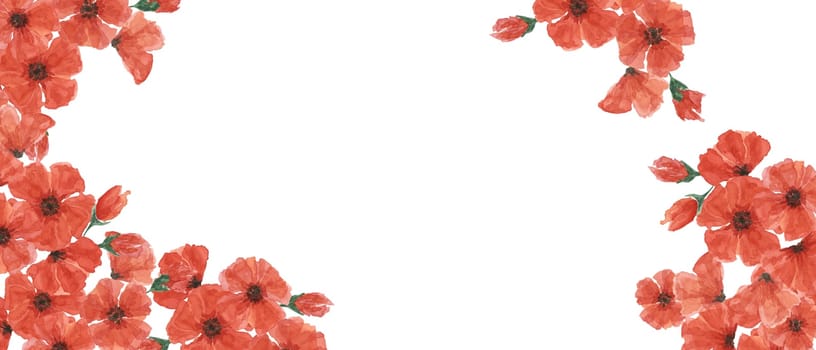 Red poppies web template banner. Poppy day flower compositions. Hand drawn watercolor illustration for card, design, commemorative events, US memorial day, Anzac day, flyers, banners, sale