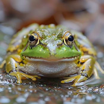 A closeup of a green and yellow True frog in the water, showing its head, eyes, and terrestrial amphibian features. The frog is surrounded by terrestrial plants and liquid