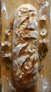 A wooden cutting board is adorned with a loaf of bread topped with daisies. The natural material of the wood complements the plant pattern beautifully