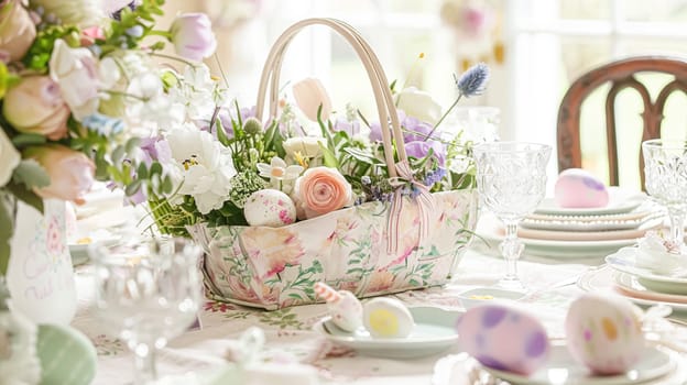 Easter table setting with painted eggs, spring flowers and crockery. Rustic style, selective focus