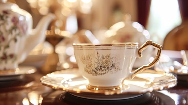 Elegant table setting for tea party with cakes and cupcakes in English manor. Selective focus. Vintage style