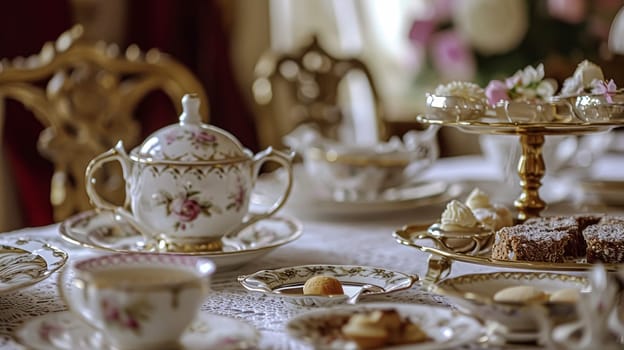 Elegant table setting for tea party with cakes and cupcakes in English manor. Selective focus. Vintage style