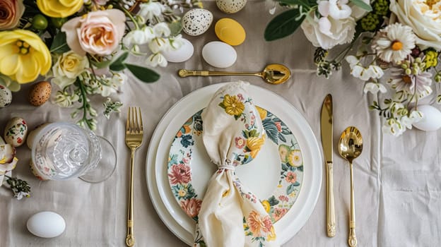 Easter table setting with painted eggs, spring flowers and crockery. Rustic style, selective focus