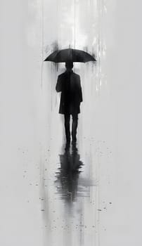 A man strolls through the drizzle under a street light, holding an umbrella as a fashion accessory. The darkness is tinted with shades of art in this rainy event