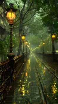 A natural landscape painting of a rainy city street with lanterns, trees, and sunlight reflecting off the wet road surface