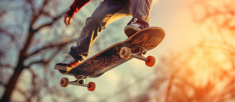 A skateboarder is captured mid-air while performing a trick during a vibrant sunset, with focus on the skateboard and the skaters legs - Generative AI