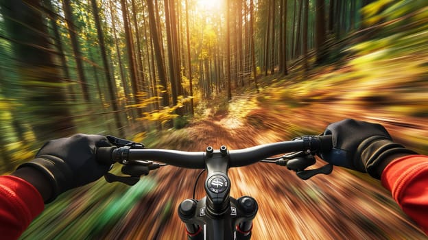 A mountain bikers perspective as they speed along a narrow forest trail illuminated by the warm glow of morning sunlight - Generative AI