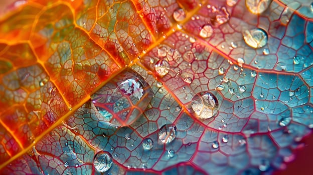 Macro photography of a terrestrial plant leaf covered in electric blue water drops, creating a stunning visual arts piece with a pattern of circles