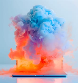 An electric blue laptop emitted smoke in the sky, creating a pollution event. The smoke painted the horizon with a mix of gas and heat, resembling a piece of art