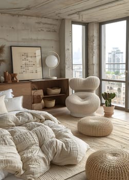 A bedroom in a building with wooden floors and walls, featuring a bed, chair, ottomans, and a large window for natural light. Interior design includes plants for added comfort