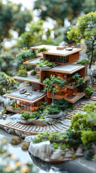A scale model of a residential area with a building surrounded by trees and natural landscape, including terrestrial plants and a body of water