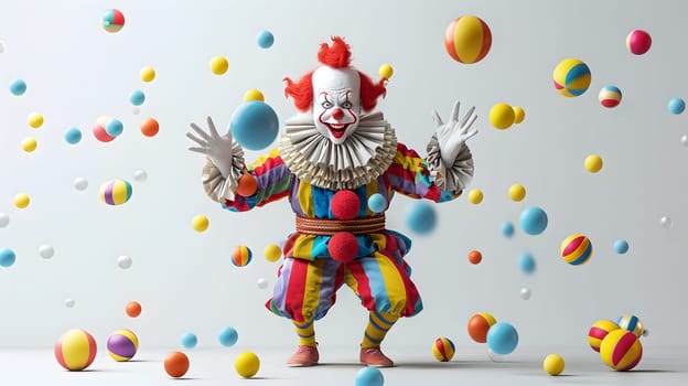 In a room filled with colorful balls, a happy clown entertains with playful gestures. This whimsical scene embodies the joy and artistry of performing arts