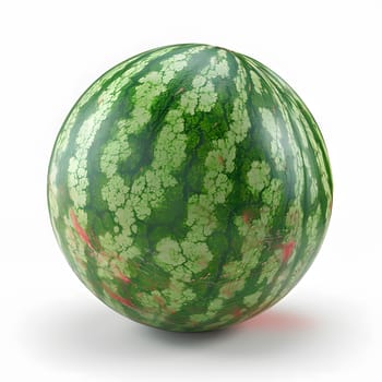 A watermelon, a fruit from the Citrullus plant family, rests on a white surface. Known for its juicy flavor, it is a popular ingredient worldwide