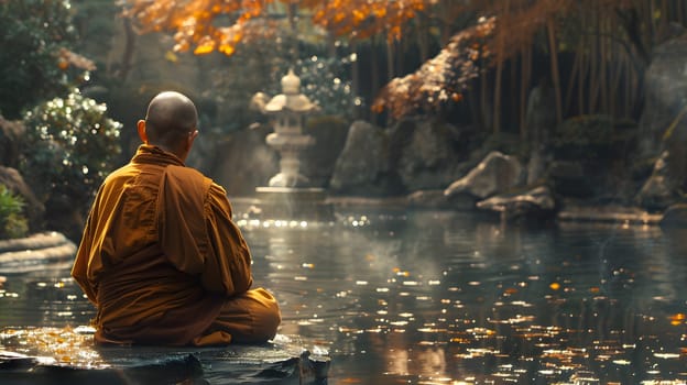 A monk peacefully sits on a rock by a tranquil pond, surrounded by lush trees and the reflection of the natural landscape in the water