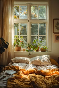 The bed is placed in front of a window in a bedroom, surrounded by wooden flooring and textile decor. A plant and picture frame add to the comfort of the interior design