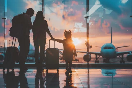 A family of three is walking through an airport terminal with their luggage.