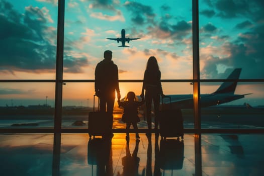 A family of three is walking through an airport terminal with their luggage.