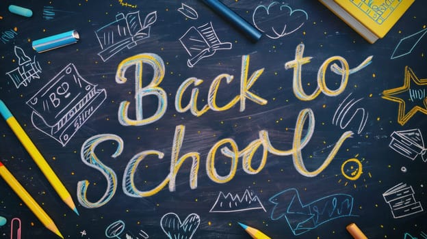 A chalkboard with a Text Back to school with books and pencils over chalkboard background..