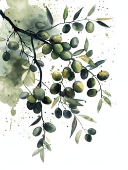 A watercolor painting depicting a branch of olive tree with leaves and fruits on a white background, showcasing the beauty of this natural food source
