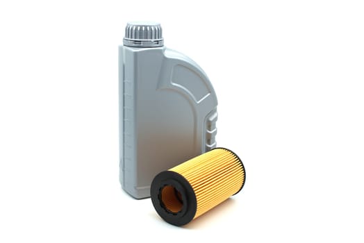 Vehicle engine oil filters element and motor oil container isolated on a white background. Oil and filter replacing maintenance or car servicing, automotive industry
