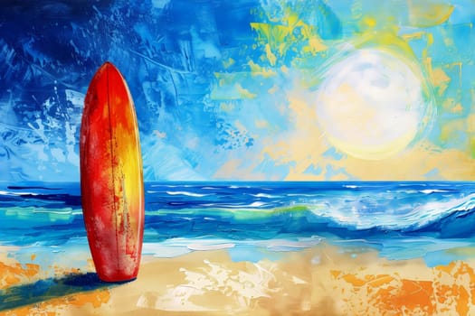 A surfboard sitting on top of a sandy beach. summer vacation concepts, oil acrylic paints .ai generative.