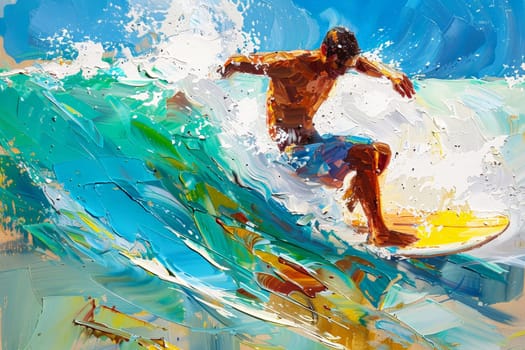 A man playing surfboard on sea . summer vacation concepts, oil acrylic paints .ai generative.