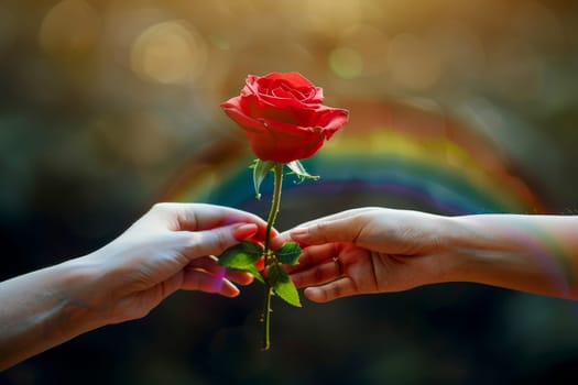 Young lesbian couple holding rose flower bouquet smiling . LGBQ or pride festival concept. Generative AI..