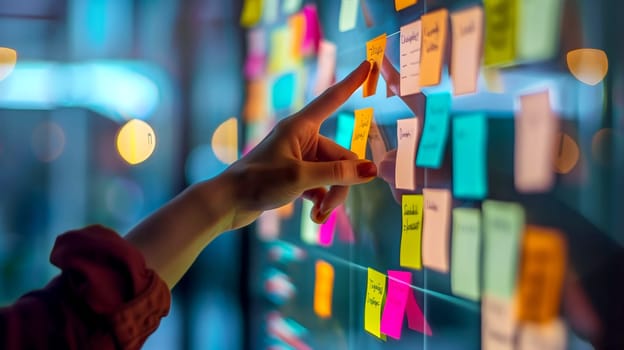 A hand is pointing at a wall covered in colorful sticky notes. The notes are arranged in a grid, with some of them overlapping each other