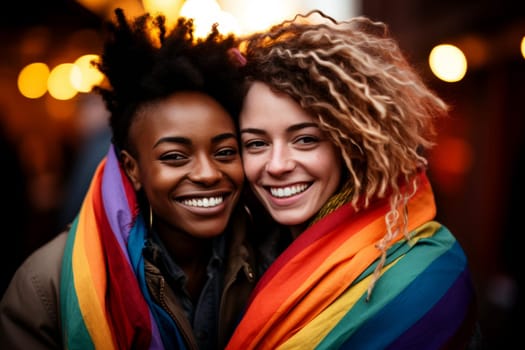 Young lesbian couple smiling in street . LGBQ or pride festival concept. Generative AI..