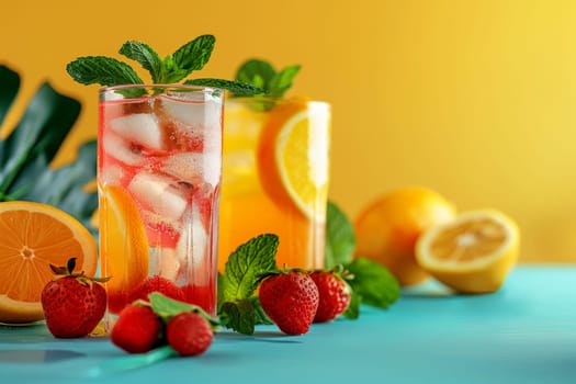 Fresh fruits juice on isolated background, Healthy summer beverage rich in vitamins. Created Generative Ai.