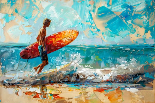 A man playing surfboard on sea . summer vacation concepts, oil acrylic paints .ai generative.