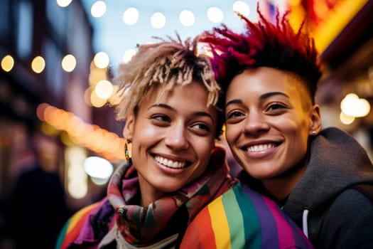 Young lesbian couple smiling in street . LGBQ or pride festival concept. Generative AI..