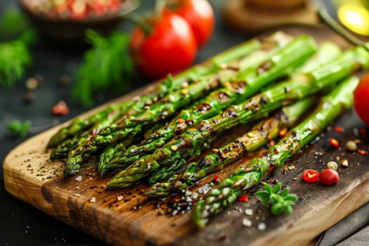 A plate of asparagus is on a wooden cutting board. The asparagus is seasoned with pepper and garlic
