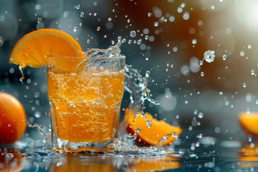 a glass of orange juice with a splash of orange juice on the side of the glass and a blurry background..
