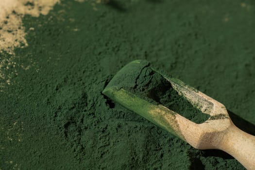 Organic blue-green algae spirulina powder food in wooden spoon. Copy space for your text Health benefits of spirulina chlorella. Vitamins and minerals to diet. Detox dietary supplement Seaweed superfood concept