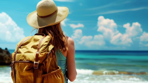 Young woman with backpack with hat on beach looking at the sea. summer holiday concept Generative AI.