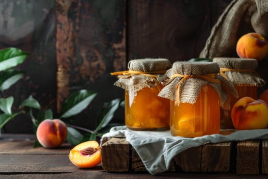 peach jam and fresh peach in jars on the table against the backdrop of a natural bright garden. Ai generative.