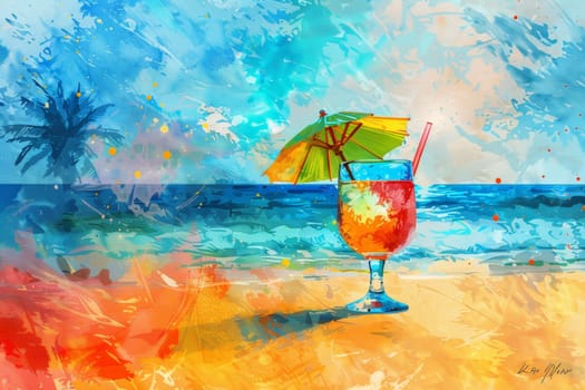 illustration of Cocktail on a beach. Cold drink on beautiful coast beach with calm sea. Generative AI.