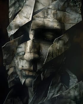 A closeup of an artistic statue of a man with a shattered face, made of bedrock and metal, set against a dark background resembling military camouflage