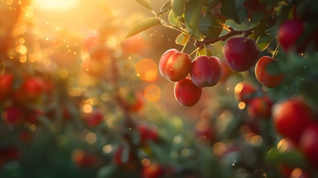 A bunch of seedless fruit, apples, hanging from a twig on a tree at sunset. This natural food is a delicious and nutritious berry produce, perfect as a superfood