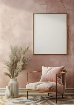 An interior design featuring a pinkwalled living room with a wooden chair, a vase of pampas grass, and a picture frame on the wall, creating a comfortable and stylish space in the house