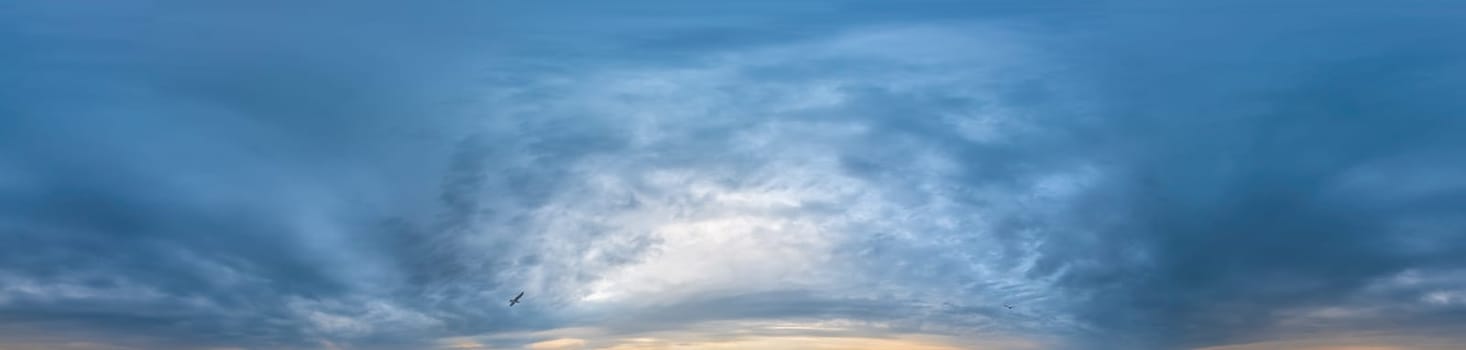 Sky panorama on overcast rainy day with low clouds in seamless spherical equirectangular format. Complete zenith for use in 3D graphics, game and for aerial drone 360 degree panorama as a sky dome.