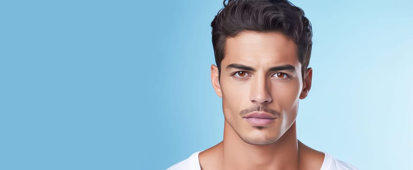 Portrait of an elegant sexy handsome serious Latino man with perfect skin, on a light blue background. Advertising of cosmetic products, spa treatments shampoos and hair care products, dentistry and medicine, perfumes and cosmetology for men