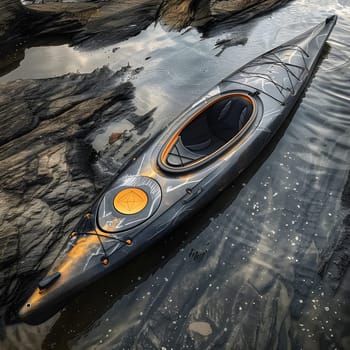 A closeup painting of a black and orange kayak floating on the water, surrounded by wildlife. The eyecatching colors are reminiscent of automotive lighting